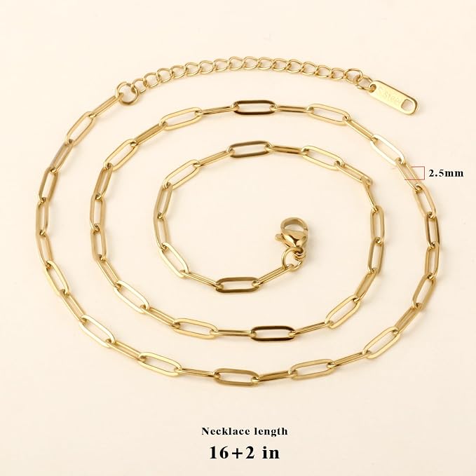Cadikez 10PCS Gold Paperclip Chains Necklace Bulk 3MM 20 Inches 18K Gold PVD Plated Stainless Steel Finished Paperclip Link Chain Bulk forJewelry Making