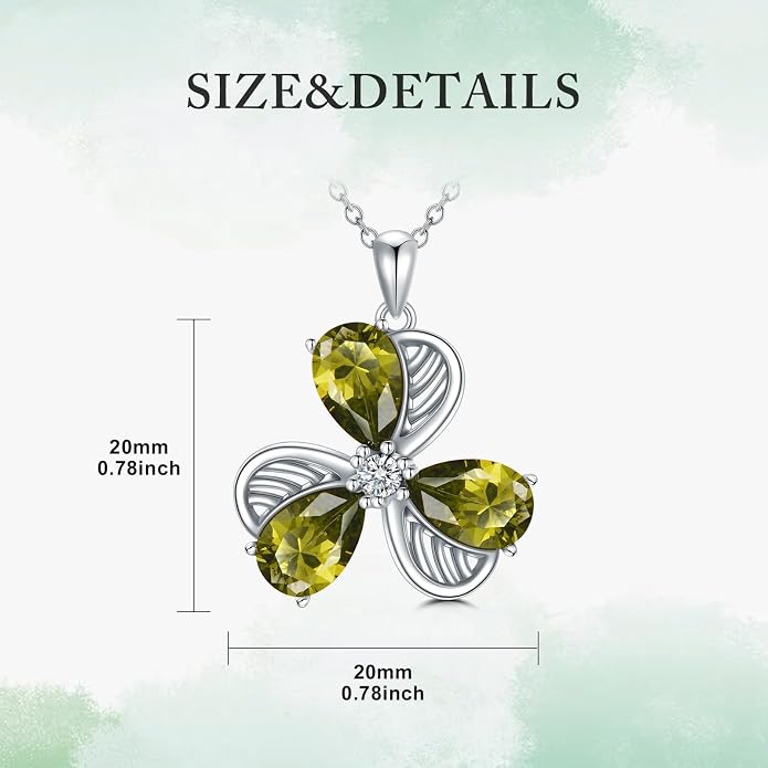 925 Sterling Silver Birthstone Clover Necklace Women’s Shamrock Dainty Flower Pendant Choker Necklace Cute Peridot Gemstone Flower Birthday Christmas Jewelry for Mom Wife