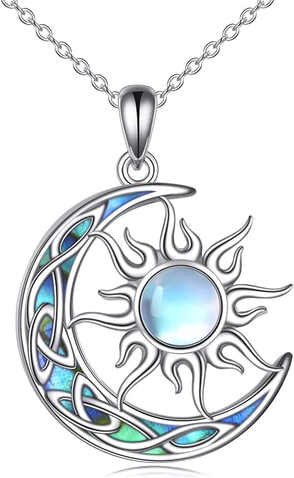 Sun and Moon Necklace for Women 925 Sterling Silver Celtic Crescent Moon Pendant Blue Opal/White Opal/Abelone Shell/Labradorite/Moonstone Jewelry Gift for Teen Girls