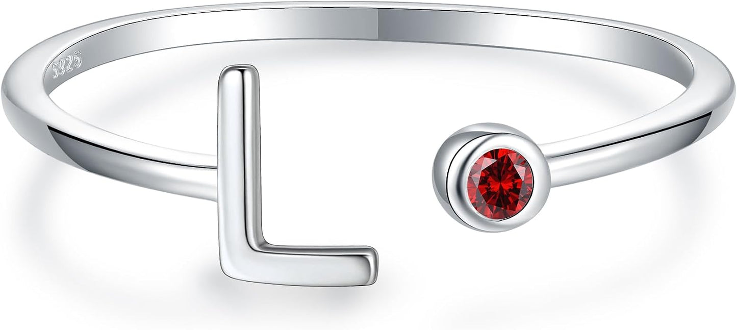 925 Sterling Silver Initial Letter Birthstone Rings for Women Adjustable 1-12 Month Birthstone Alphabet Stacking Ring for Teens Girls Stackable Birthstone Rings Birthday Jewelry Gift for Daughter Mom