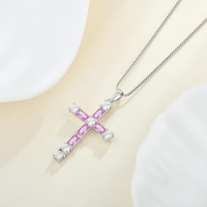 Birthstone Cross Necklace for Women 925 Sterling Silver Christian Religious Crucifix Pendant Rectangular Cut Birthstone Jewelry Gifts for Her