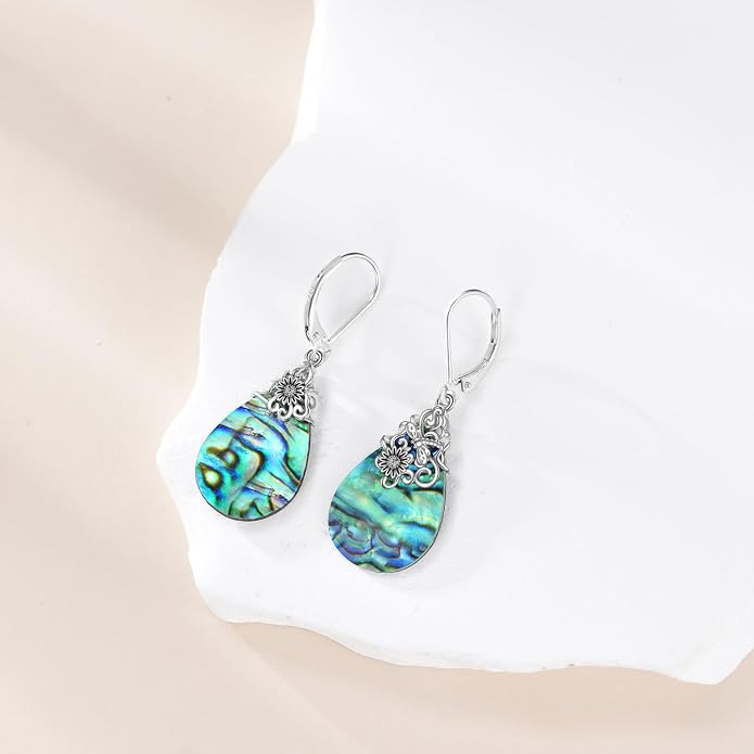POPLYKE Dragonfly Butterfly Hummingbird Sunflower Earrings 925 Sterling Silver Abalone Shell Moonstone Leverback Earrings Jewelry