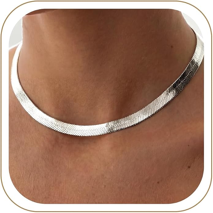 WomenGifts 14K Gold Silver Plated Herringbone Necklace for Women, Dainty Snake Chain Choker, Trendy Simple Long Layered Jewelry Non Tarnish, 3/4/5/8mm,14,16,18,20,22,24,26 Inch Thin & Chunky Options