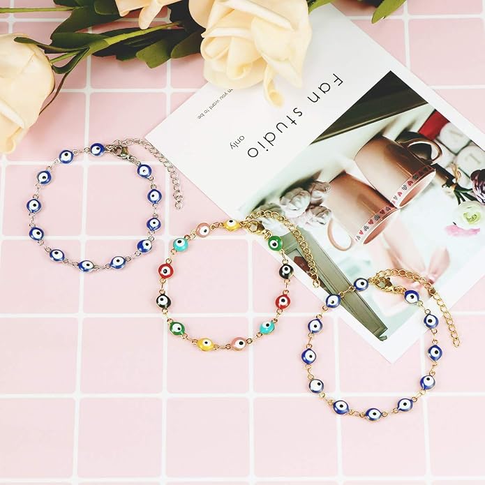 2 Pcs Evil Eye Anklet Bracelets for Women Men,18K Gold Plated Stainless Steel, Handmade Adjustable Amulet, Evil Eyes Jewelry for Family Best Friends