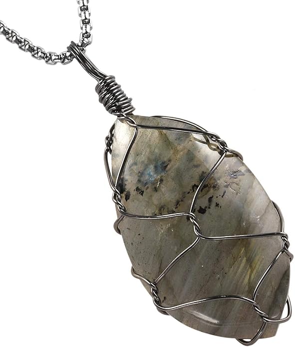 TUMBEELLUWA Labradorite Necklace Irregular Shape Wire Wrapped Quartz Crystal Pendant with Chain Healing Stone Jewelry