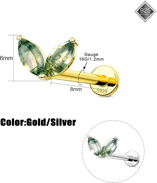 Jewseen Celtic knot&Butterfly Moss Agate Stud Earrings Dangle Internal Threaded Flat Back 16g 8mm Hypoallergenic 925 Sterling Silver Piercing Jewelry for Cartilage Lip Conch Tragus Helix