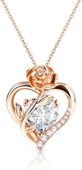 Anniversary Birthday Gifts for Women - Heart Birthstone Necklace: 925 Sterling Silver Rose/White/Yellow Gold Pendant Necklaces Gold Jewelry Gift for Wife Girlfriend Mom Daughter Grandma
