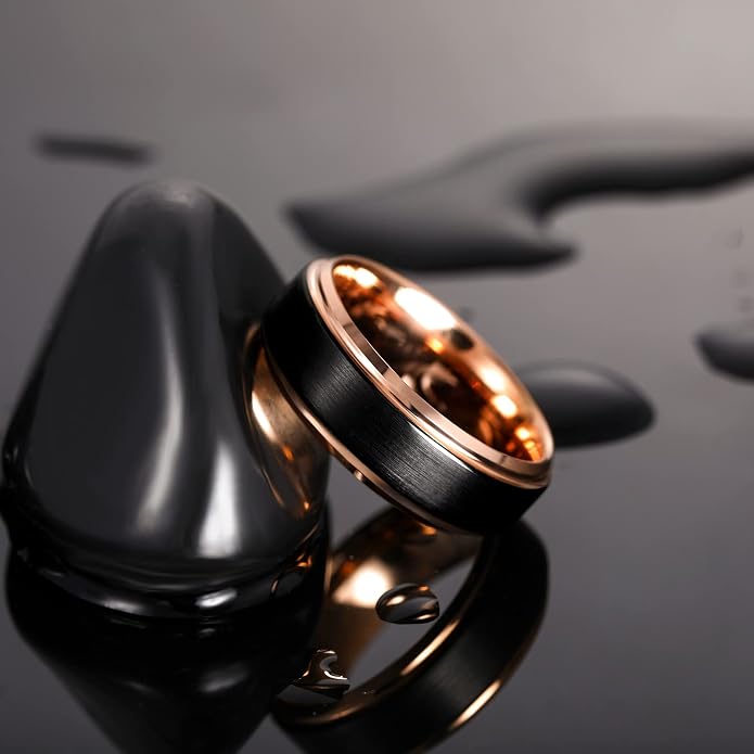 TRUMIUM 6mm 8mm Tungsten Rings for Men Women Black Wedding Band 24K Gold Plated/Rose Gold Plated Step Edges Comfort Fit Size 6-13