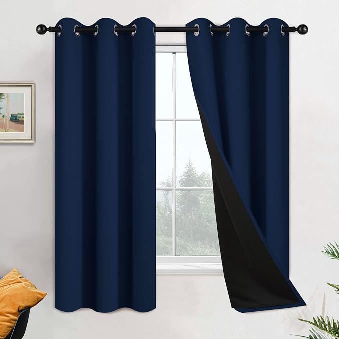 Yakamok Navy Blue 100% Blackout Curtains 63 Inches Long 42" Wide, 2 Panels | Blackout Curtain Panels for Bedroom, 2 Thick Layers Grommet Top Thermal Insulated Drapes with Black Liner for Living Room