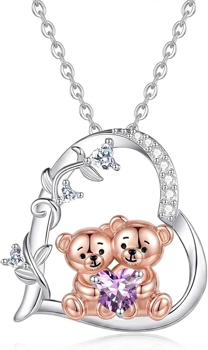PELOVNY Teddy Bear Necklace for Women 925 Sterling Silver Bear/Highland Cow/Fox/Cat/Axolotl Birthstone Necklace Christmas Birthday Jewelry Gifts for Mom Daughter Wife Sister