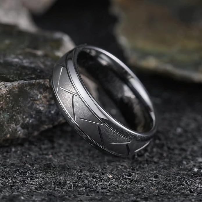 King Will Classic Tungsten Carbide Ring Brushed Two Grooved Center Hammered Design Mens Wedding Band for Men