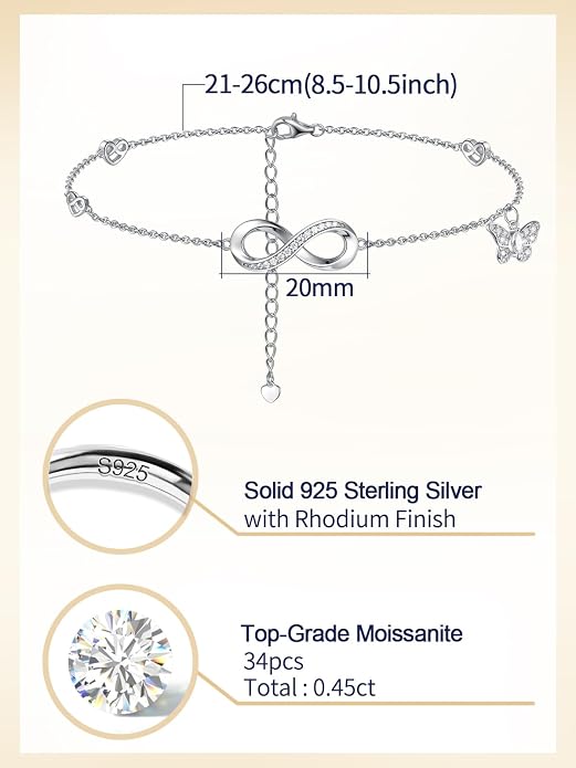 Moissanite Infinity Anklet for Women, Real Authentic 925 Sterling Silver Hypoallergenic, Beautiful Summer Jewelry, Dainty Ankle Bracelet, 8.6-10.6inch (21-26cm) Adjustable