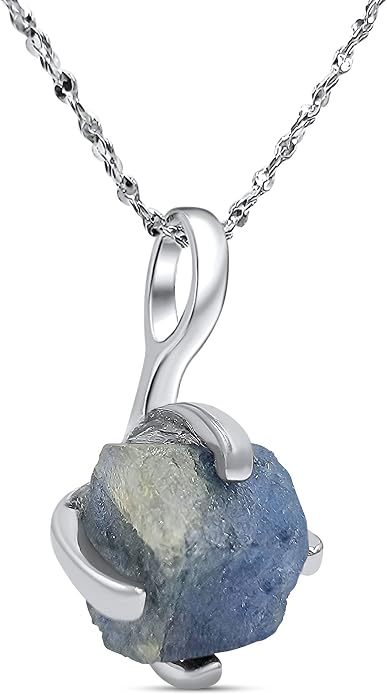 Natural raw gemstone pendant chain necklace with white gold over 925 solid sterling silver, birthstone dainty solitaire gift for her, uniquelan jewelry