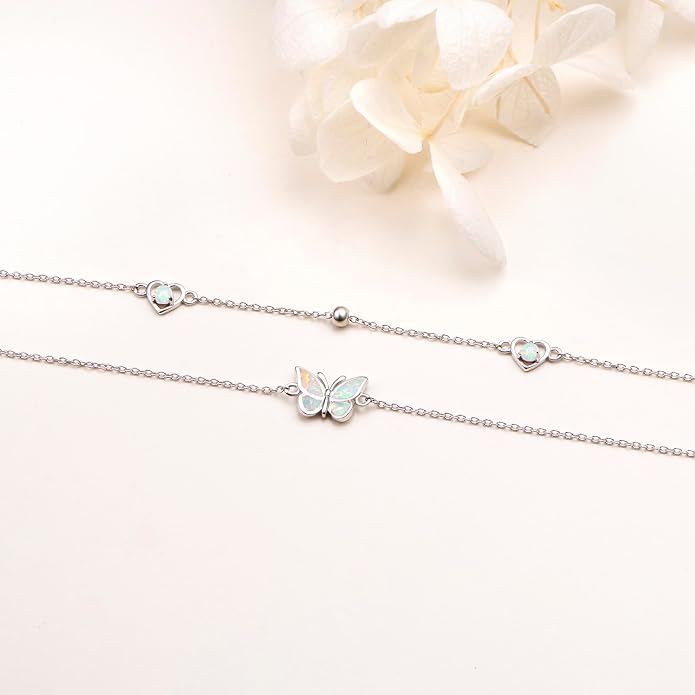 Flyow Anklet for Women S925 Sterling Silver Adjustable Foot Beaded Heart Charm Ankle Bracelet Anklets Jewelry