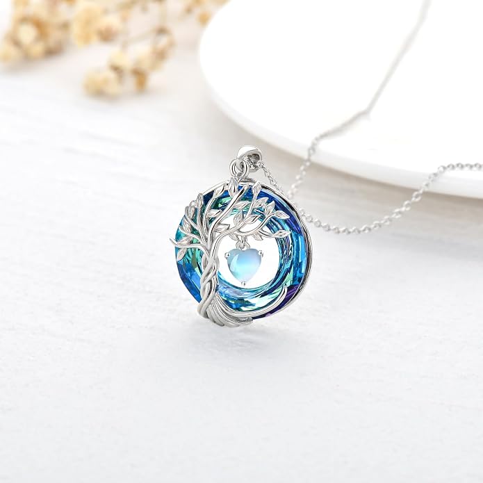 TOUPOP Tree of Life Birthstone Necklaces 925 Sterling Silver Irish Celtic Tree Pendant with Blue Crystal Birthday Jewelry Gifts for Women Mom Wife Her