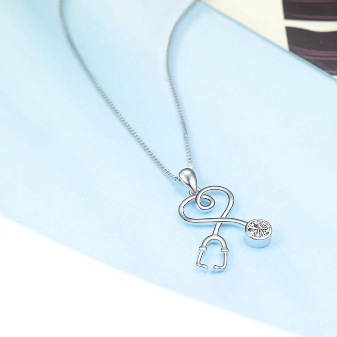 AOBOCO Stethoscope Necklace 925 Sterling Silver Embellished with 12 Months Birthstone Crystals from Austria, Graduation Gifts Medical Jewelry for Doctor Nurse Medical Student RN