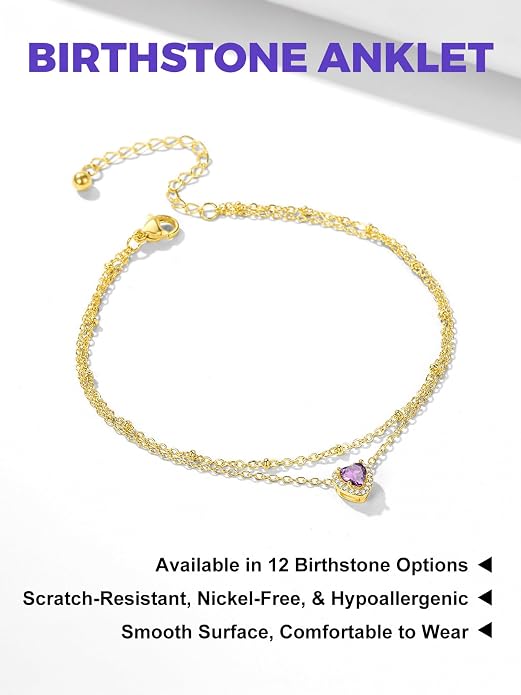 Richsteel Double Layer Heart/Butterfly Birthstone Anklet for Women Non Tarnish Waterproof, Silver/Gold/Black Stainless Steel 8.5-10.5 Inch Adjustable Chain Anklets Jewelry Gifts for Her