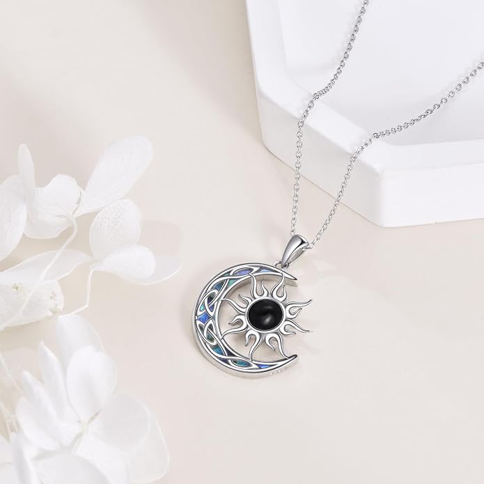 Sun and Moon Necklace for Women 925 Sterling Silver Celtic Crescent Moon Pendant Blue Opal/White Opal/Abelone Shell/Labradorite/Moonstone Jewelry Gift for Teen Girls