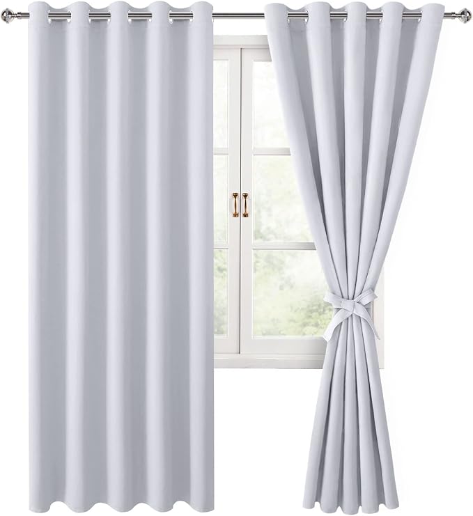 Hiasan Blackout Curtains for Bedroom, 60 x 84 Inches Long - Thermal Insulated & Energy Saving Window Curtains for Living Room, 2 Drape Panels Sewn with Tiebacks, Greyish White