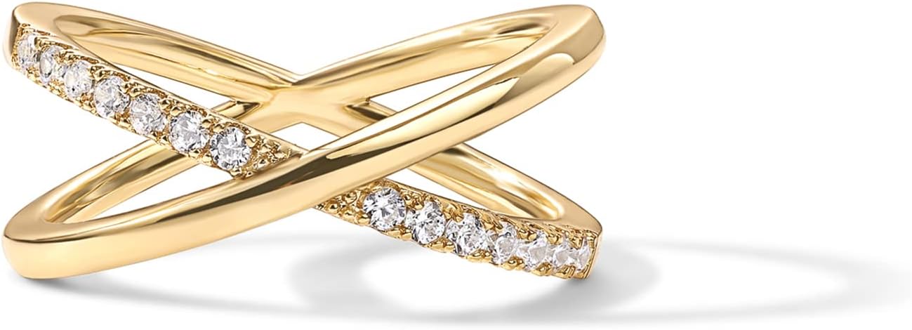 PAVOI 14K Gold Plated X Ring | Simulated Pavé Diamond CZ Criss Cross Ring for Women