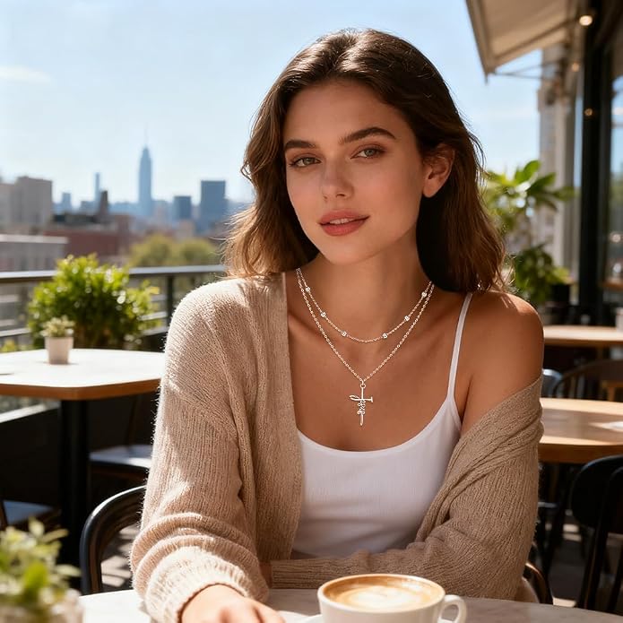 Layered Necklaces for Women S925 Sterling Silver 14k Gold Plated Cross Jesus Tulip Birth Month Flower Necklace Pendant Jewelry Mothers Day Birthday Gifts