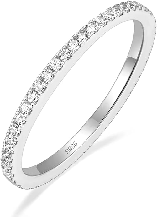EAMTI 2mm 925 Sterling Silver Wedding Band Cubic Zirconia Half Eternity Stackable Engagement Ring Size 3-13