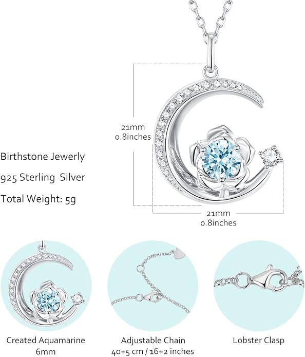 Birthstone Necklace for Women Sterling Silver Moon Pendant Necklaces Anniversary Birthday Fine Jewelry Gifts for Her Women Mother, Adjustable Chain