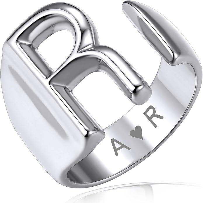 KeyStyle Bold Initial Letter Rings Adjustable, GoldChic Jewelry Women Gold Statement Ring Personalized Engraved Women’s Open Signet Ring for Party (Gold, White Gold, Black)
