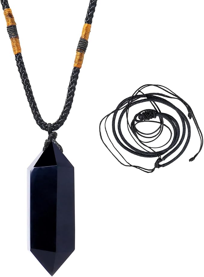 Runyangshi Black Obsidian Healing Crystal Pendants, Double Pointed Natural Crystal Quartz Necklace 6 Faceted Chakra Crystal Wand Stone