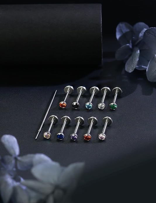 20G 18G 16G Astm F136 Titanium Threadless Flat Back Earrings Nose Studs Tragus Helix Conch Cartilage Lobe Earrings Medusa Labret Snake Bite Monroe Lip Ring Piercing Jewelry For Women Men