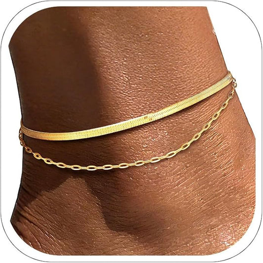 FOCALOOK 14K Gold Plated Anklets for Women Waterproof Plus Size Ankle Bracelet 8.5-10.5 Inch Adjustable Mariner/Figaro/Flat Snake/Cuban Link Chain Anklet Jewelry for Summer Beach Holiday