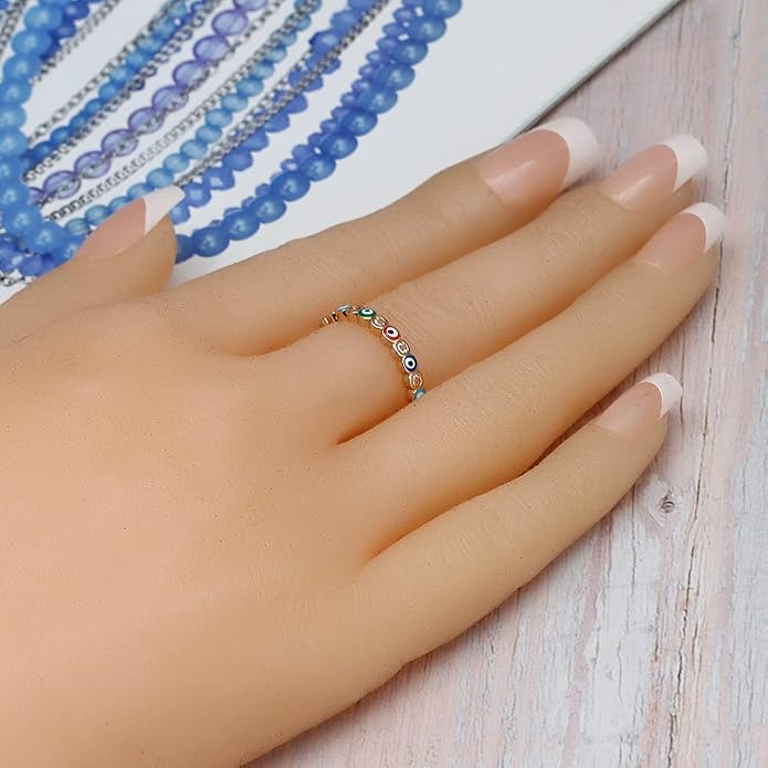 OIDIMS Dainty Cubic Zirconia Colorful Turkish Evil Eye Band Rings for Women Girls Minimalist Stacking Finger Open Fashion Protection Jewelry Wedding Promise Girlfriend Friendship Birthday Gifts