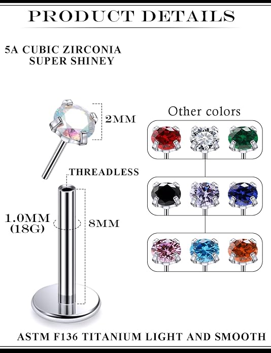 20G 18G 16G Astm F136 Titanium Threadless Flat Back Earrings Nose Studs Tragus Helix Conch Cartilage Lobe Earrings Medusa Labret Snake Bite Monroe Lip Ring Piercing Jewelry For Women Men