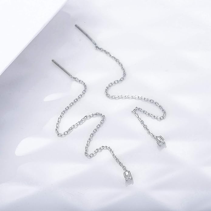 S.Leaf Gold Chain Threader Earrings for Women Trendy 925 Sterling Silver Hypoallergenic Cubic Zirconia Backless Ardant Chain Duster Threader Double Piercing Pull Through Earrings for Women Girls Birthday Gifts