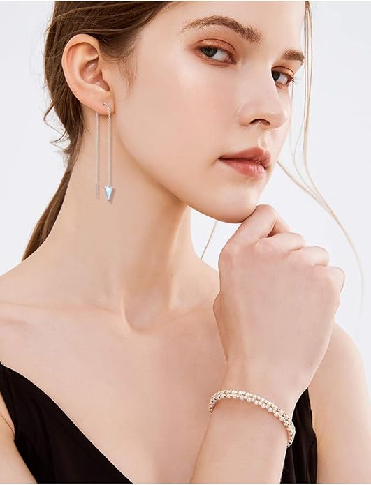 Threader Earrings Triangle Earrings Sterling Silver Created Opal Dangle Drop Long Chain Earring for Women Thread Earrings
