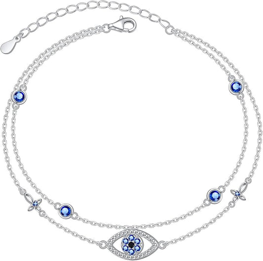 Anklets for Women 925 Sterling Silver Blue Evil Eye Infinity Butterfly Adjustable Multilayer Layered Summer Beach Ankle Bracelet Foot Chain Jewelry for Women