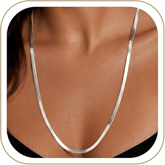 WomenGifts 14K Gold Silver Plated Herringbone Necklace for Women, Dainty Snake Chain Choker, Trendy Simple Long Layered Jewelry Non Tarnish, 3/4/5/8mm,14,16,18,20,22,24,26 Inch Thin & Chunky Options