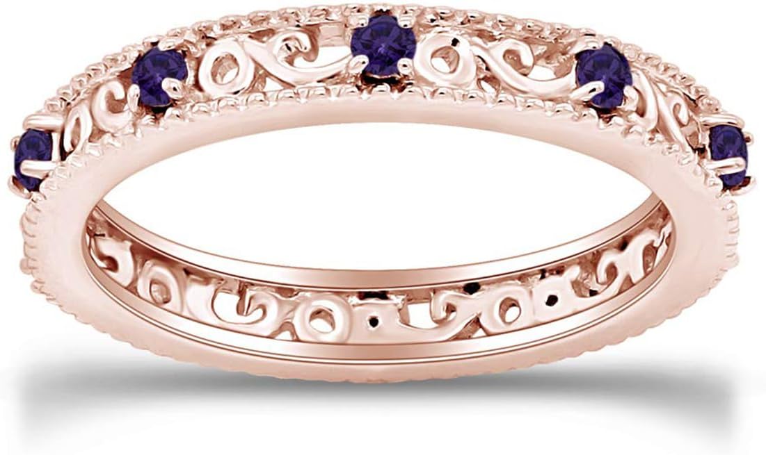 Jewel Zone US Filigree Eternity Wedding Band Ring for Women, Round Cut Simulated Gemstone Stackable Promise Ring in 14K Gold Plated 925 Sterling Silver Band Width 3.5mm – Elegant Jewelry for Her