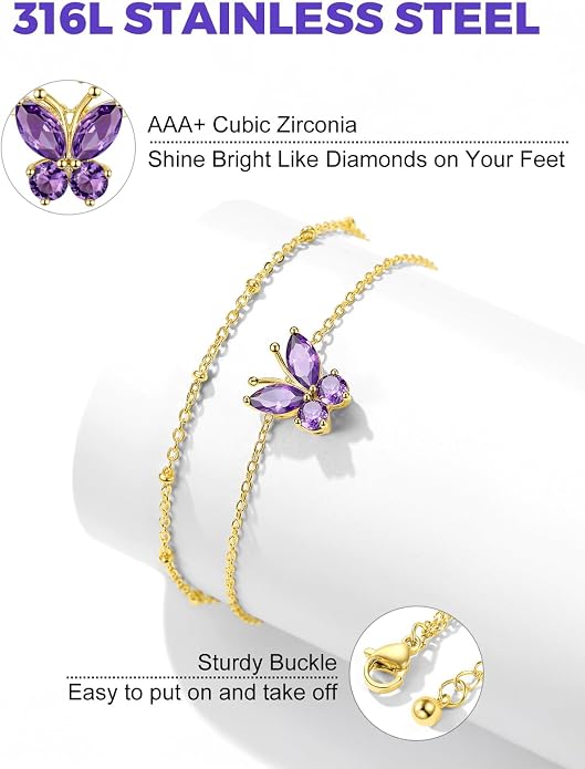 Richsteel Double Layer Heart/Butterfly Birthstone Anklet for Women Non Tarnish Waterproof, Silver/Gold/Black Stainless Steel 8.5-10.5 Inch Adjustable Chain Anklets Jewelry Gifts for Her