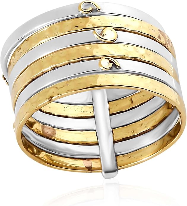 PHNX Two-Tone Stacking Ring for Women | Real Sterling Silver Ring| Hammered Finish Design | Elegant Boho Chic Jewelry | Perfect for Daily Wear, Special Occasions