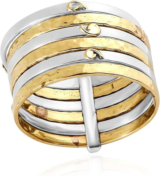 PHNX Two-Tone Stacking Ring for Women | Real Sterling Silver Ring| Hammered Finish Design | Elegant Boho Chic Jewelry | Perfect for Daily Wear, Special Occasions