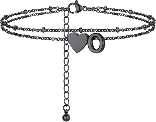 Initial Ankle Bracelets for Women, Dainty Stainless Steel Letter A-Z Layered Anklets, Heart Ankle Bracelet 8.5"-10.5" Adjustable, Summer Beach Jewelry, Come with Box