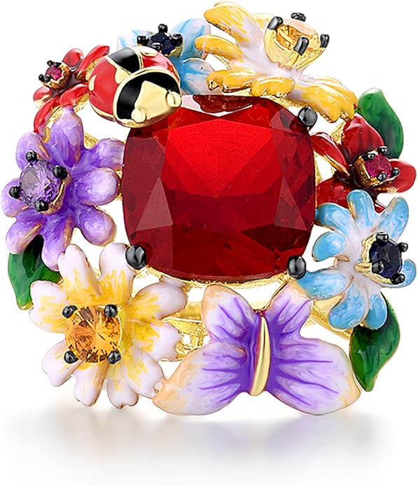 Santuzza 925 Sterling Silver Enamel Flower Ring for Women