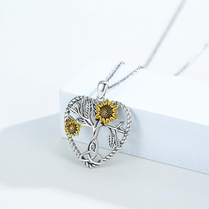 CHENGHONG Sunflower Necklace 925 Sterling Silver Tree of Life Necklace Daisy/Rose/Sunflower Pendant Necklace Sunflower Jewelry Gifts for Women Mom