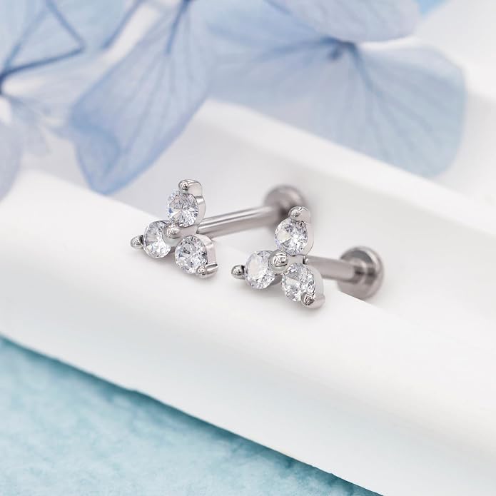 14K Yellow/White/Rose Gold Threadless Earring Top Push in 1 Pcs Triple Clear CZ Flat Back Nose Stud Threadless Cartilage Earring Helix Stud Tragus Piercing Jewelry for Women 6mm/8mm