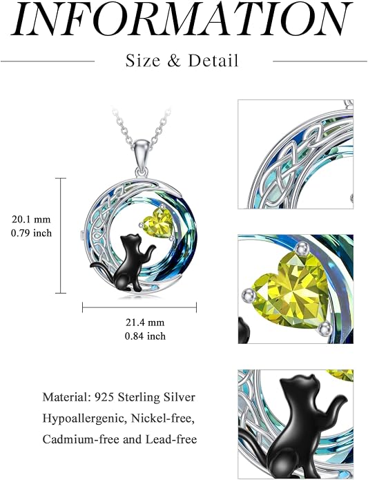 TOUPOP Cat Gifts for Cats Lovers 925 Sterling Silver Black Cat Necklace Celtic Moon Birthstone Jewelry for Women Anniversary Birthday Gift for Her Wife Mom