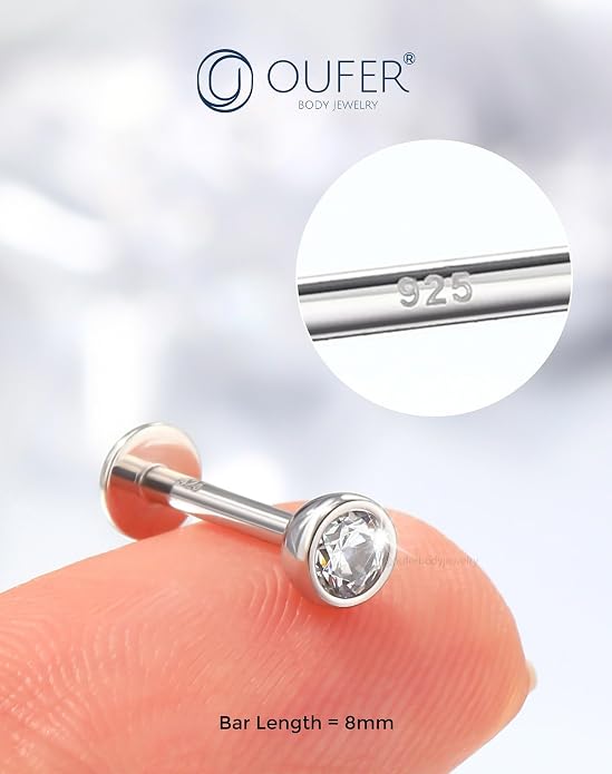 OUFER 925 Sterling Silver Helix Earrings Studs, 16G Flat Back Earrings, Silver Internally Threaded Cartilage Earrings Stud, Clear CZ Lip Rings, Ear Piercing Jewelry for Women Men