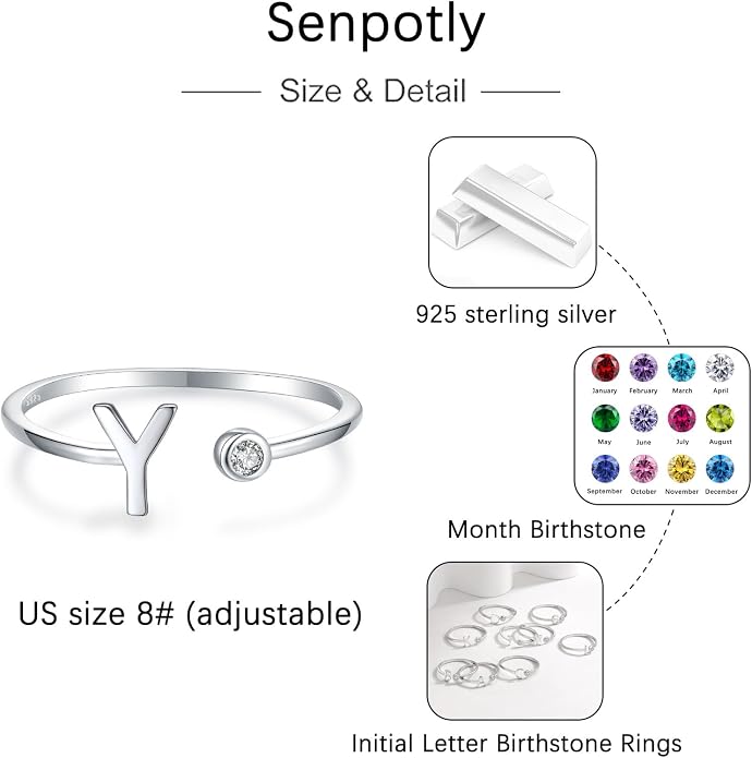 925 Sterling Silver Initial Letter Birthstone Rings for Women Adjustable 1-12 Month Birthstone Alphabet Stacking Ring for Teens Girls Stackable Birthstone Rings Birthday Jewelry Gift for Daughter Mom