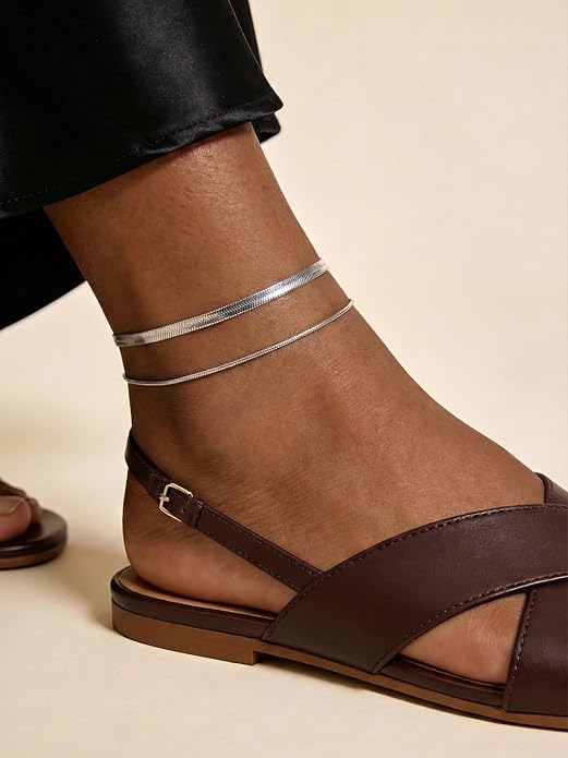 U7 Silver/Gold Ankle Bracelets for Women Layered Chain Anklets Stainless Steel Waterproof Summer Beach Anklet Cham, Adjustable 8.5"-10.5"