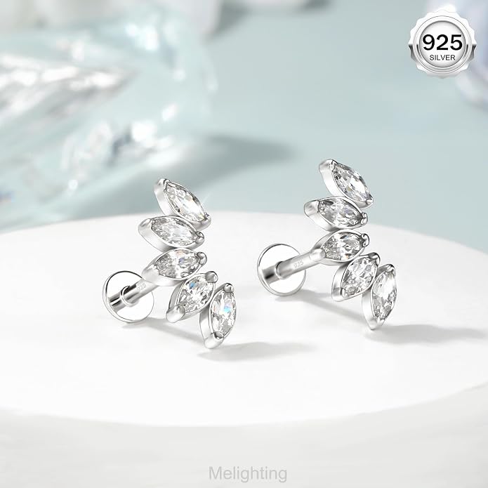 Melighting 16G Curved Helix Earring, Sterling Silver 925 Tragus Conch Stud Internally Threaded, Clear Marquise Round CZ Flat Back Lobe Labret Cartilage Piercing Jewelry for Women 6/8 mm